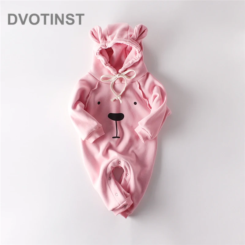 Dvotinst/Одежда для маленьких мальчиков и девочек; боди с капюшоном с длинными рукавами и принтом медвежьих ушек; теплый комбинезон; костюм для подвижных игр; комбинезон для малышей