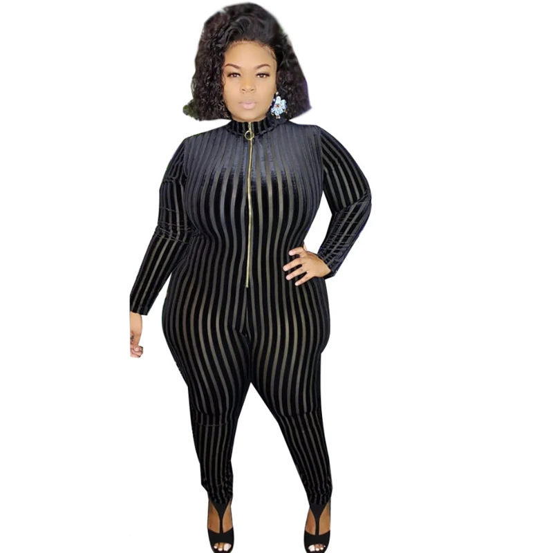 

Plus Size Black Bodysuit Rompers Women's Sexy Mesh Striped Jumpsuit Bodycon Bag Hips Nightclub Wear Wholesale Dropshipping