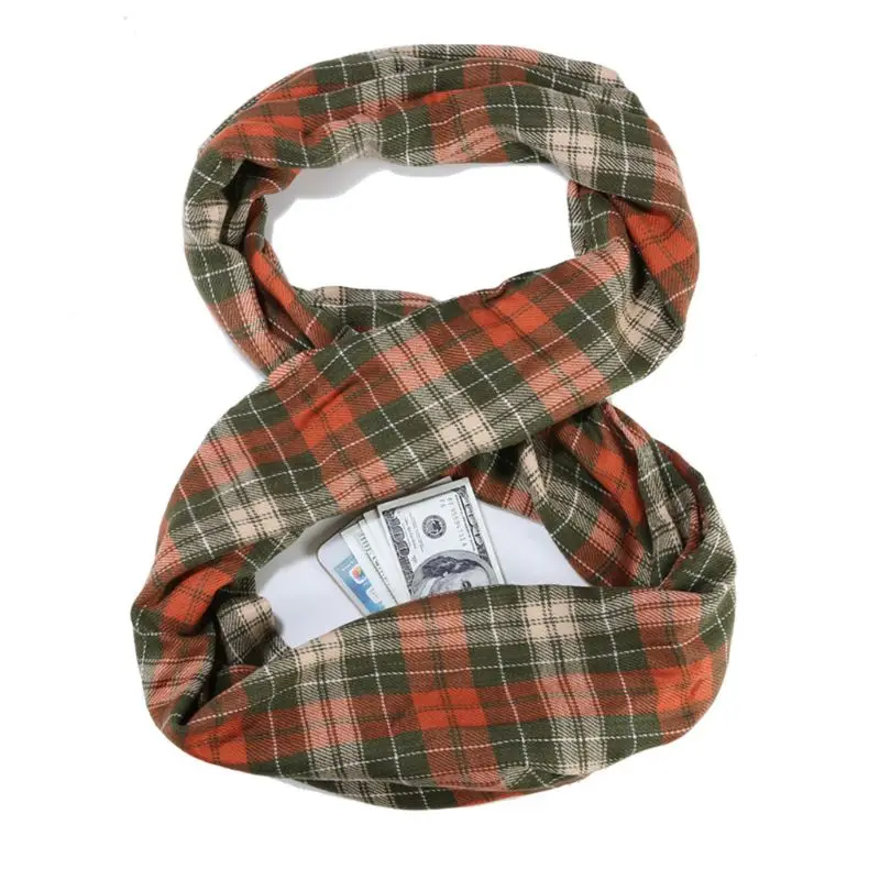 Women Men Winter Travel Pashmina Plaid Infinity Scarf with Hidden Zipper Pocket