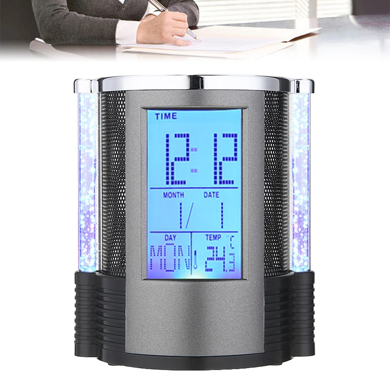 Digital Mesh Pen Pencil Holder With LED Light LCD Desk Alarm Clock Pen Holder Pens Rulers Office Desk Organizer countdown temperature display clock durable alarm new office lcd function time pen pencil holder desk organizer
