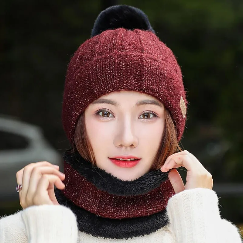 SUOGRY Hot Selling 2pcs Ski Cap And Scarf Cold Warm Leather Winter Hat for Women Knitted Hat Bonnet Warm Cap Skullies Beanies