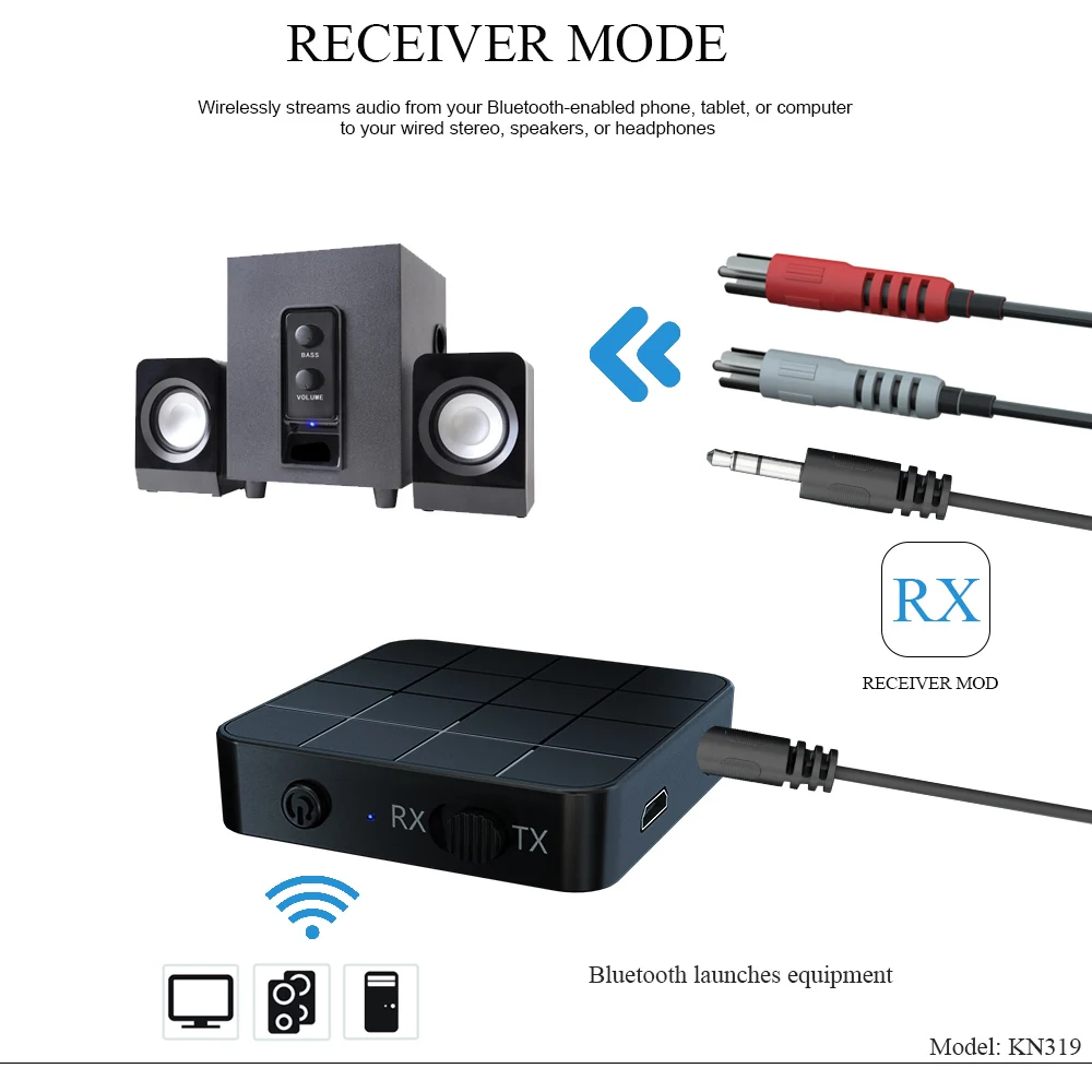 VAORLO 5,0 аудио Bluetooth приемник передатчик 3,5 мм AUX USB стерео беспроводной адаптер для автомобиля комплект ТВ ПК наушники с RCA кабелем