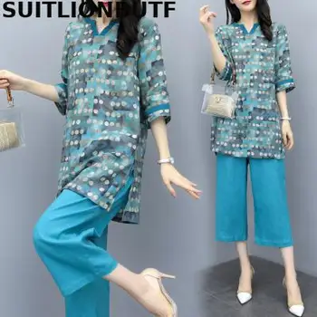 

2020 Summer Plus Size Elegant Ladies Two Piece Set Women Dot Multicolor Long Soft TShirt Elastic Waist Wide Leg Pants Ropa Mujer