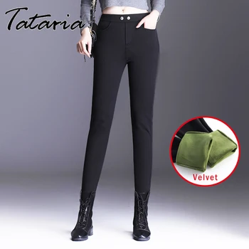 

Pants Warmed Women's With Fleece Black Female High Waisted Trousers Warm Shiny Pencil Women Winter Pants Velvet Thick Large Size
