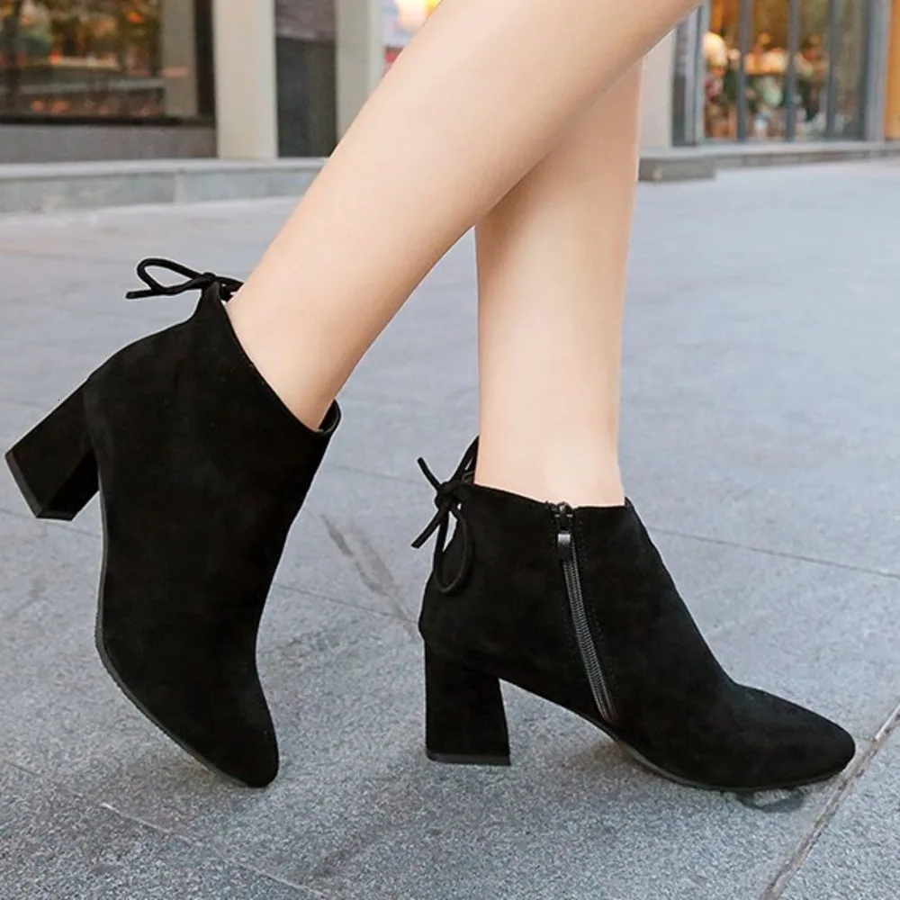 

Women Shoes Ankle Pumps Flock Toe Boots Solid Autumn Spring 2019 New High-heeled Shoes Botas Mujer