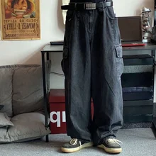 

Vintage Washed Loose Oversize Wide Leg Jeans Men Cargo Pants Korean Trousers Big Pocket Baggy Pants Boyfriend Hip Hop Streetwear