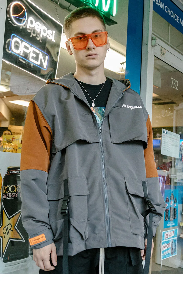 Хип хоп Толстовка Куртка пальто Harajuku уличная Мужская Ретро цветная куртка с блоками ветровка мулт карманы спортивная куртка негабаритных