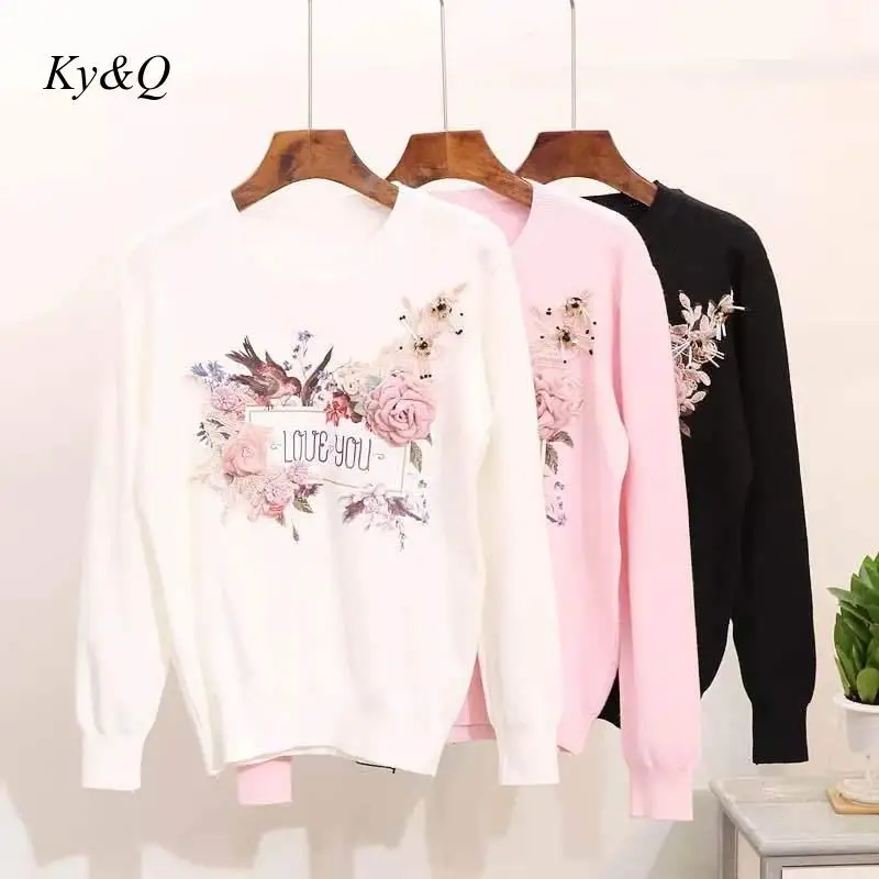 2019 Winter Designer Women O-neck Pullover Sweet Floral Embroidery Beaed Luxury Elegant Casual Sweater Runway Christmas | Женская одежда