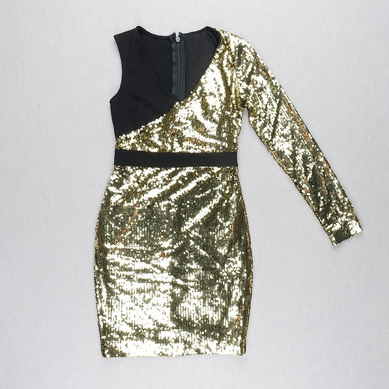 Clearance Sale ! VC Hot Chic Gold Sequins Design Sexy One Shoulder Long Sleeve Celebrity Party Club Mini Dress