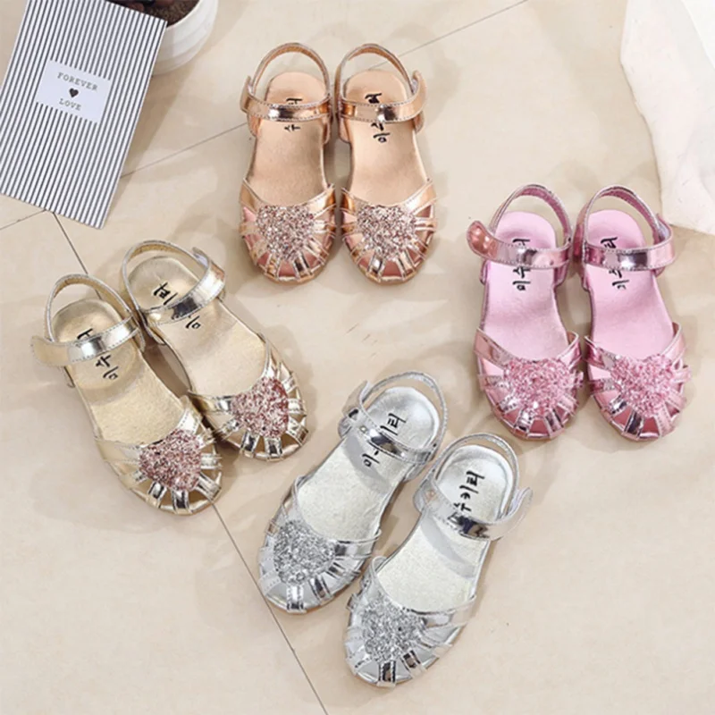  Kids Baby Girl Soft Sole Shoes Anti-slip Sequins Heart Design Sandals Prewalkers First Walkers Walk