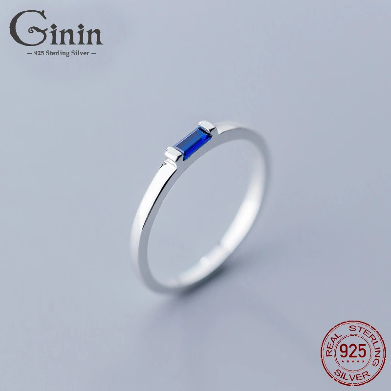 

Ginin 925 Sterling Silver Ring Female Korean Fashion Simple Geometry Rectangle Blue Zircon Sweet Personality Finger Jewelry Gift