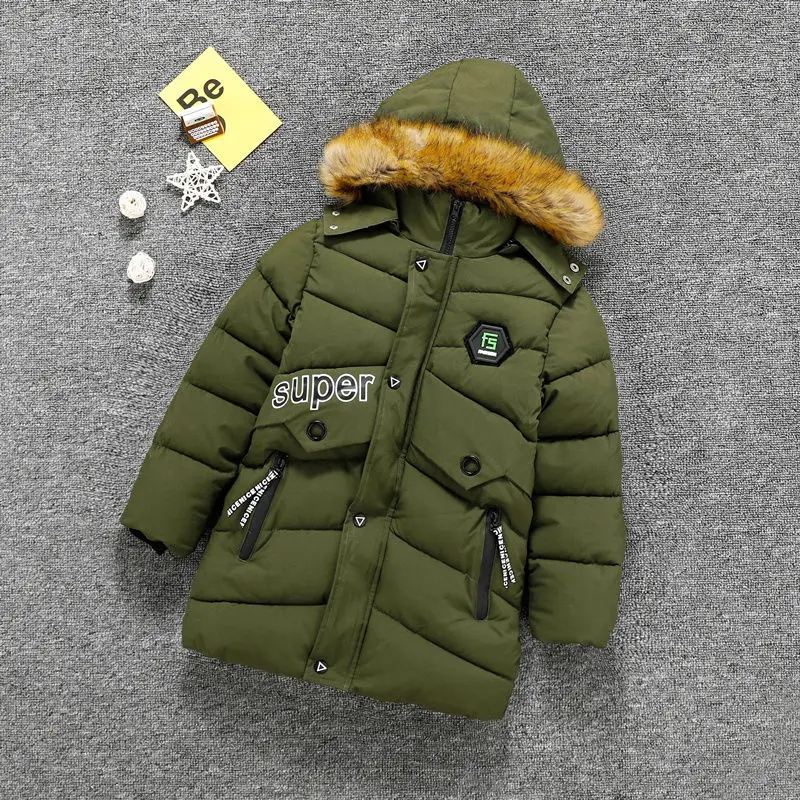 

Boys Winter Jacket 2019 New Children's Winter Clothing Kids Down Cotton Outerwear Fur Collar Jacket Print Thick Velvet Coats