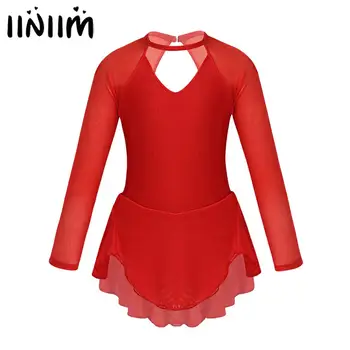 

Kids Girl Sheer Ballroom Dance Competition Dresses Tulle Splice Cutouts Back Figure Skating Dress Ballerina Dance Leotard Dress