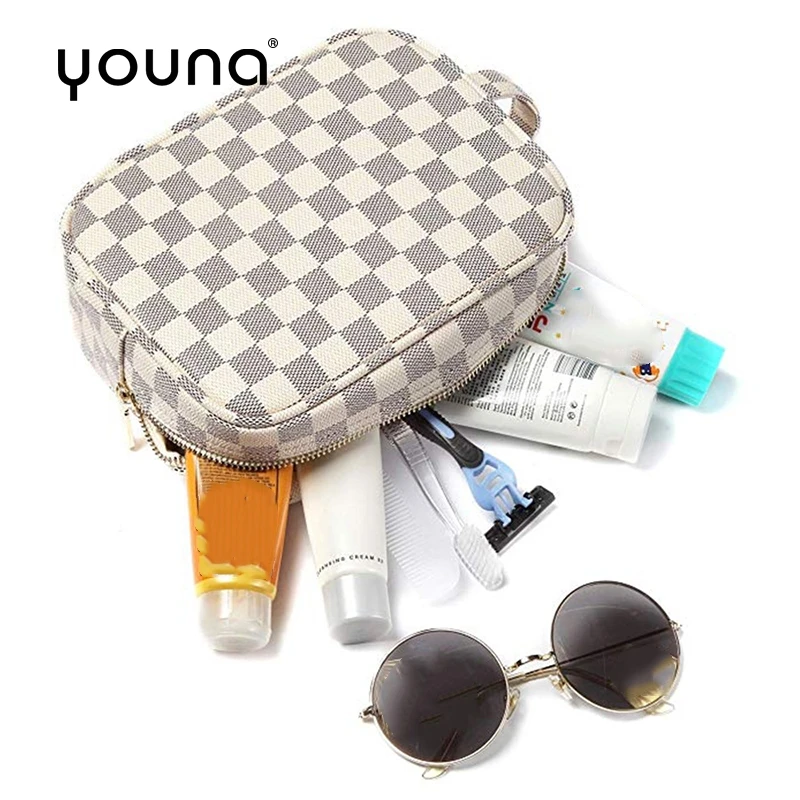 

Cosmetic Bag Luxury PU Leather Waterproof Checkered Makeup Bags Portable Simple Storage Bags Travel Organizer Zipper Bags