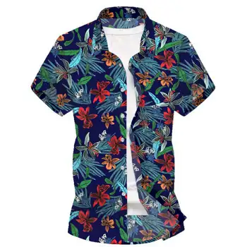 

2020 Summer Hawaiian Short Sleeve Shirt Men Cotton Flamingos Floral Printed Casual Dress Shirts Men Clothes Fashion 3XL