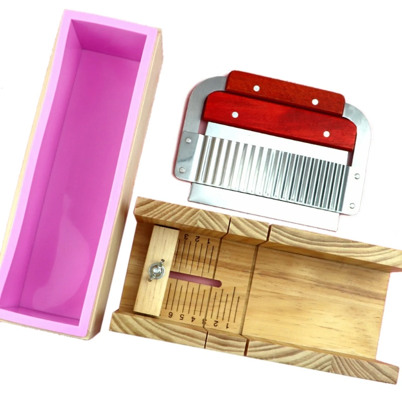 Wooden Soap Loaf Cutter Mold and Soap Cutter Set Rectangle Silicone Mold with Box Straight and Wavy s
