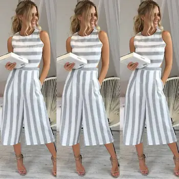 

Women Sleeveless Striped Jumpsuit Casual Clubwear Wide Leg Pants Summer Playsuit Bodycon Party Jumpsuit Romper Trousers Shorts