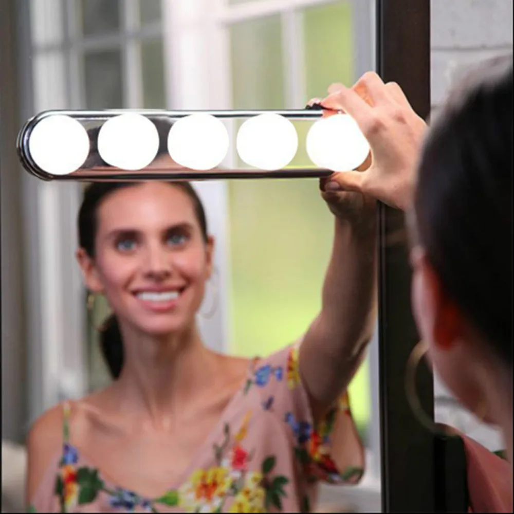 

5 Bulb Hollywood Led Makeup Mirror Light 3-color Stepless Dimmable Dressing Vanity Table Bathroom Wall Lamp Battery Powered