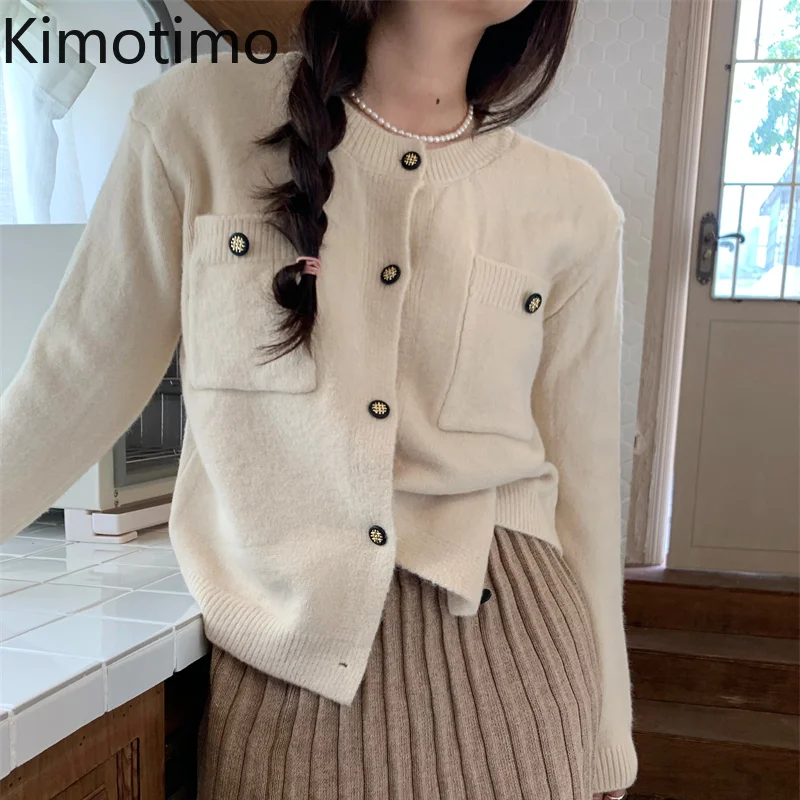Kimotimo Solid Knit Cardigan Women 2021 Autumn Winter Long-sleeved Bottoming Sweater Korean Chic All-match Metal Button Sweaters |