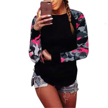 

T-shirts For Women Autumn Long-sleeved Camouflage Print Patchwork Top T-shirt Female Casual Streetwear Black Cotton Shirt Slim