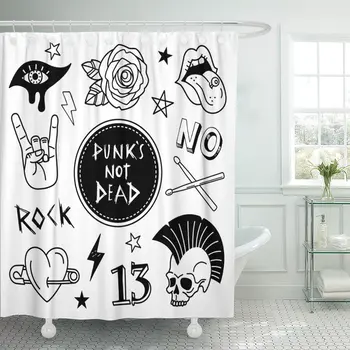 

Punk Patches Collection of and Rock Music Badges Symbols Shower Curtain Waterproof Polyester Fabric 60 x 72 Inches Set with Hook