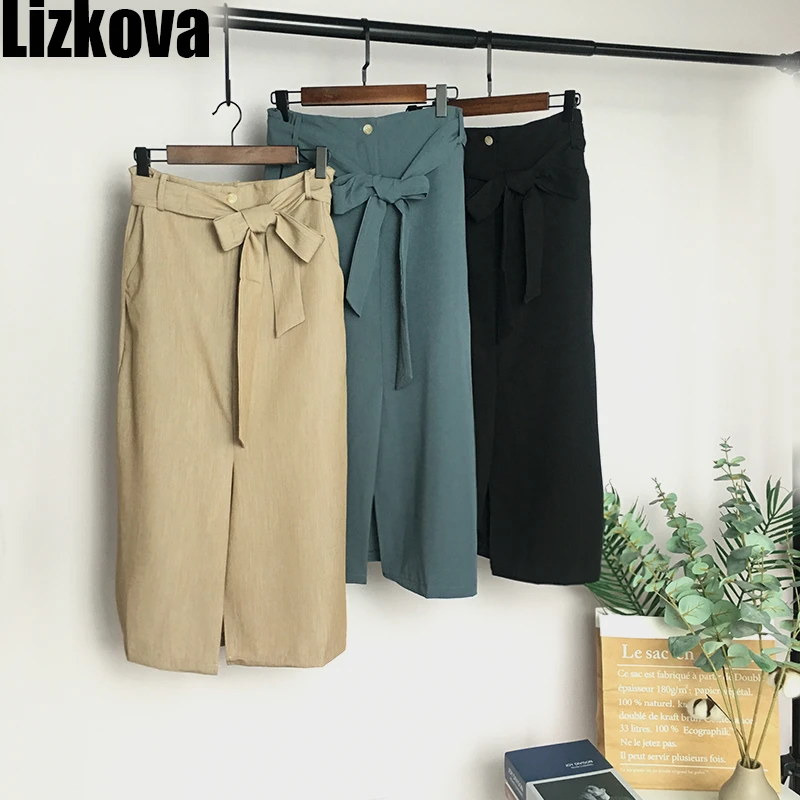 2020 Spring Midi Skirt Women Black Bandage High Waist Front Slit Elegant Official Ladies RR8602 | Женская одежда
