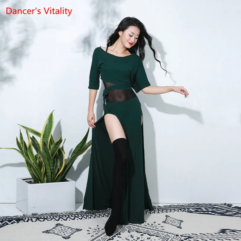 Новое поступление женский костюм для танца живота комплект из 2 предметов Красная Зеленая ажурная ткань наряд для восточных танцев - Цвет: Зеленый