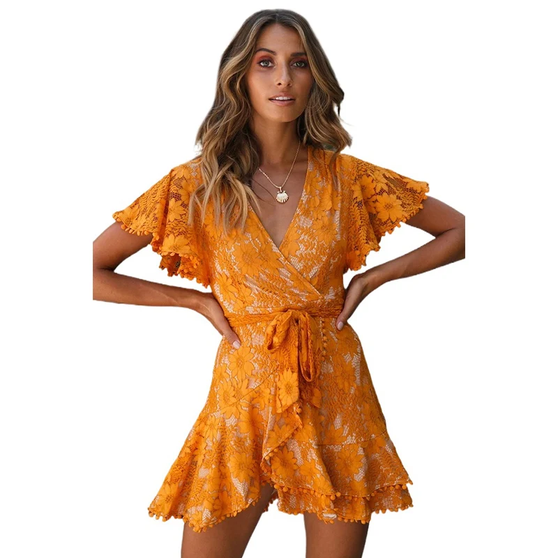 ADEWEL Women Summer Dress 2021 New Boho Orange Sexy V-Neck Printed Fashion Flared Sleeves Woman Beach Robe Mujer De Fiesta | Женская