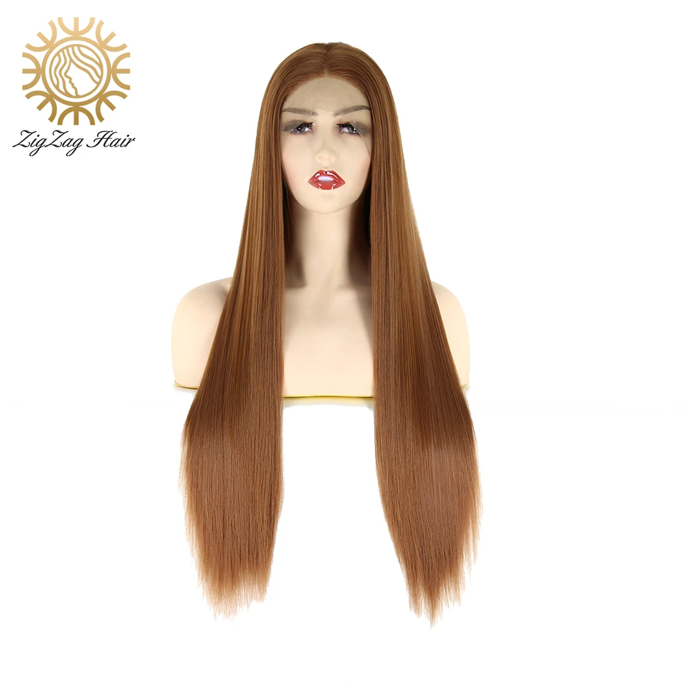 

ZigZag Hand Tied Natural Long Straight Wig Silky Glueless Brown Color Heat Resistant Synthetic Lace Front Wig for Black Women