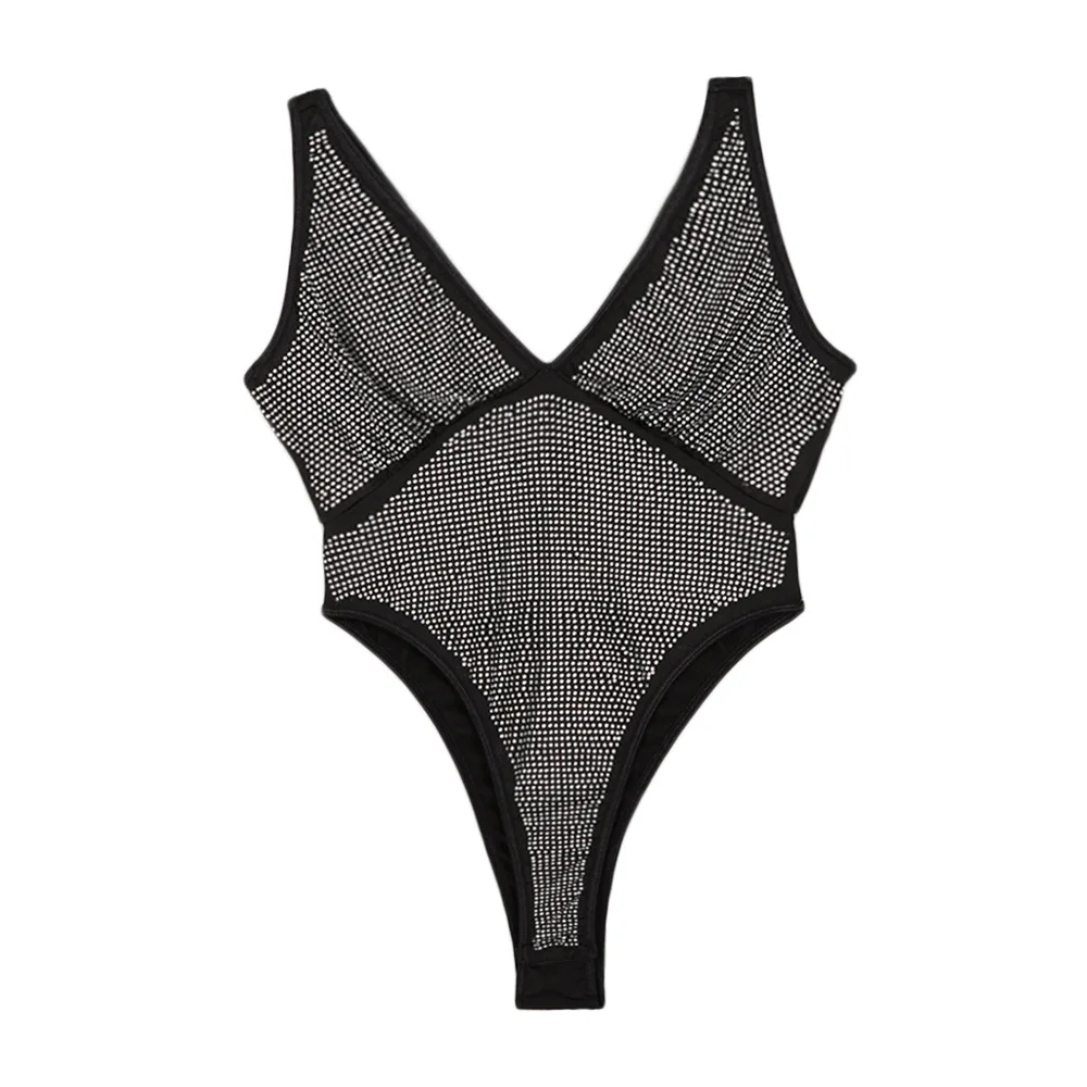 Sexy V neck Rhinestone Sequin Bodysuits Women High Cut Front Thong