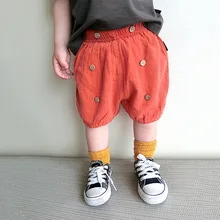 Детская одежда в Корейском стиле; двубортные шорты с рисунком тыквы; летний стиль; детские брюки из хлопка для мужчин и женщин; L