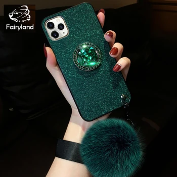 

New Glitter Diamond Kickstand Phone Case For iPhone X XR XS Max 11 Pro Max 6 6s 7 7Plus 8 8Plus Fashion Hair Ball Soft TPU Cover