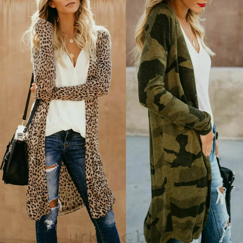 

Womens Spring Leopard Camouflage Kimono Cardigan Open Front Boho Camo Long Sleeve Long Coat Jacket Top
