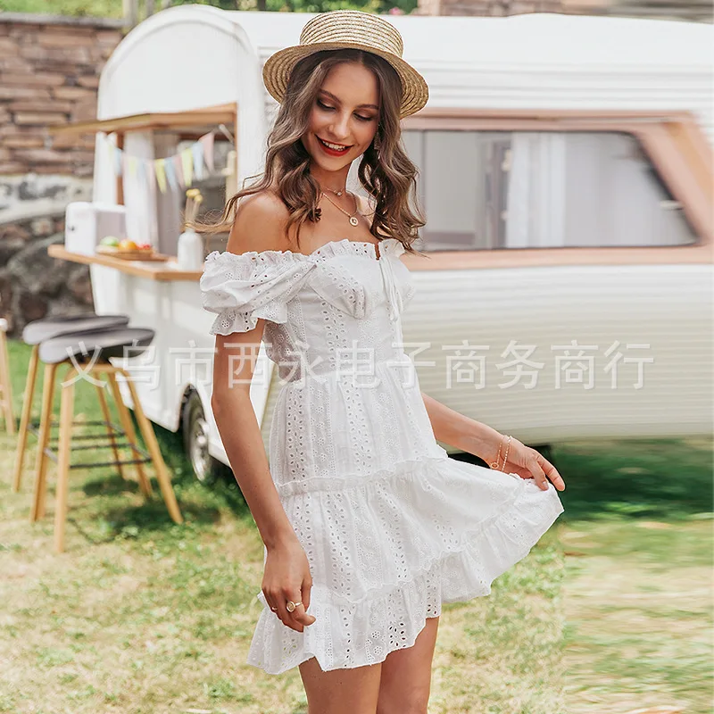 DEAT 2020 New Summer Fashion Casual Solid Color Square Collar Ruffless A- Line Sexy Backless Dress Short Women SD538