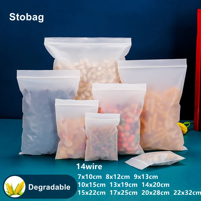 StoBag 100pcs Biodegradable Self Sealing Ziplock Frosted Transparent Food Packaging Display Bag Tea Dried Fruit Beans Nuts