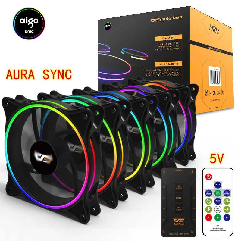 Aigo MR12 Компьютерный Вентилятор RGB Регулировка 120 мм тихий ИК пульт дистанционного управления сменный Aura Sync 3 P-5 v цветной кулер вентилятор охлаждения чехол для ПК Вентилятор охлаждения