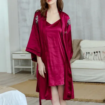 

2 Pcs Rose Embroidery Sexy Pajamas Mujer High Quality Elegant Satin Gown Dress Women Black Pink Short Dresses Robe Nightgown