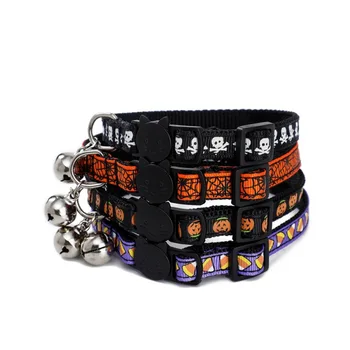 

4 Colors Halloween Cat Collar with Bell Breakaway Adjustable Pumpkin, Skull, Ghost Kitten Collar for Kitty