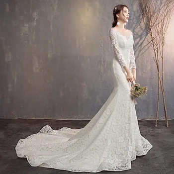 

Vintage Illusion O-neck Lace Embroidery Robe de Mariee Lace Up Mermaid Party Wedding Dress White Dream Dress