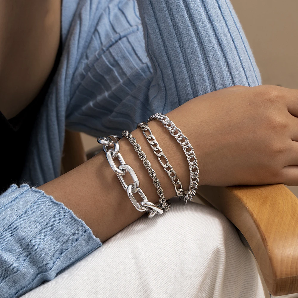 Punk Curb Cuban Chain Bracelets Set for Women Multilayer Miami Boho Thick Gold Color Charm Bracelets Bangles Fashion Jewelry