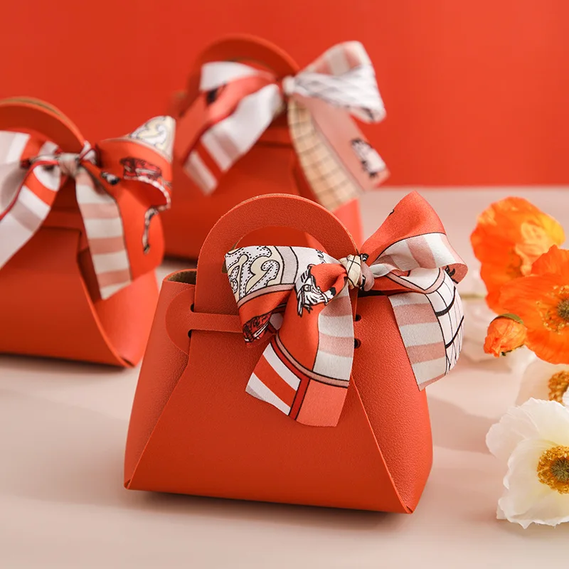 10 PCS Small Leather Gift Box New Creative Handbag Shape Ribbon Bow Temperament Solid Color Candy With Hand Bag | Дом и сад