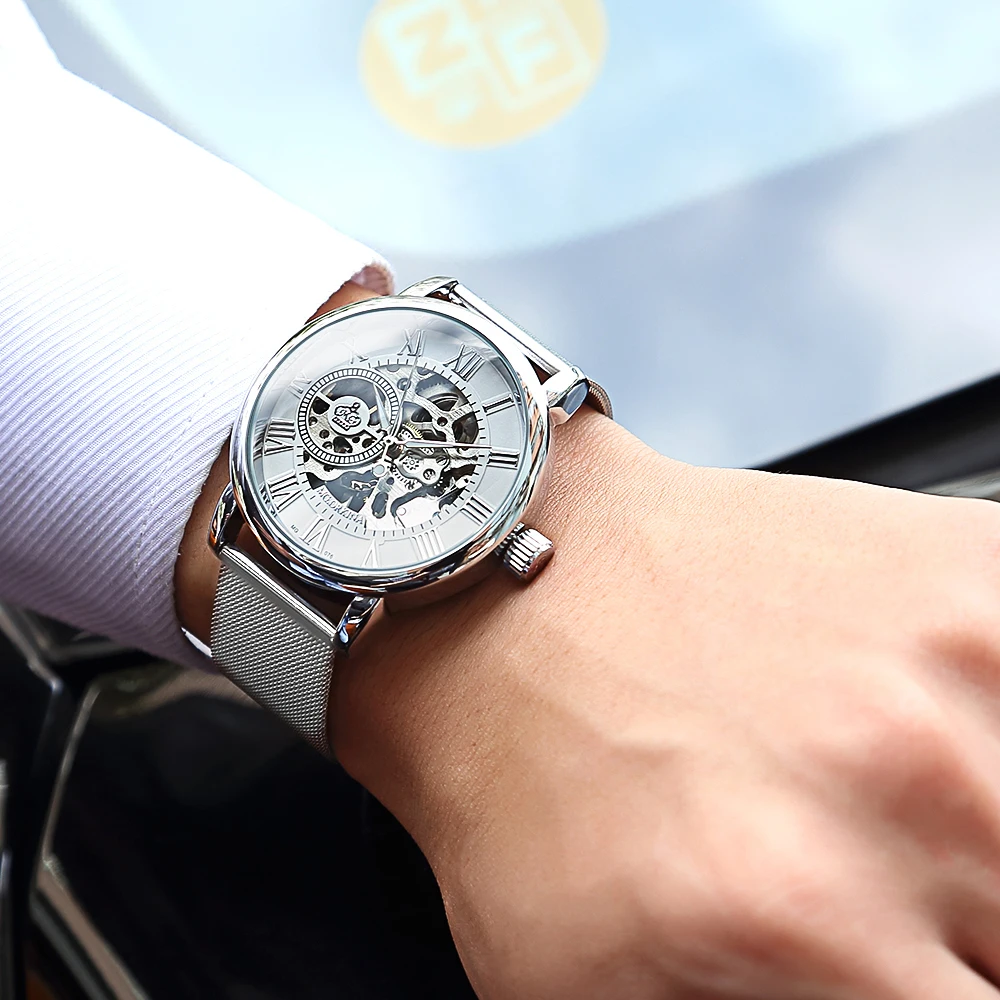 New Fashion Casual Series Hollow Engraving Self-Wind Men Wrist Watch Top Brand Luxury Mechanical Transparent Skeleton Watches