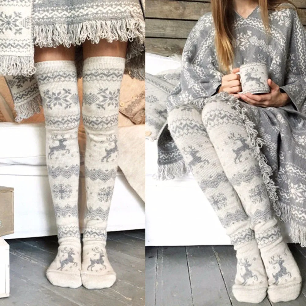 Женские рождественские носки принт лося Снежинка зимние теплые облегающие высокие носки год вязаные плотные рождественские носки# BL35