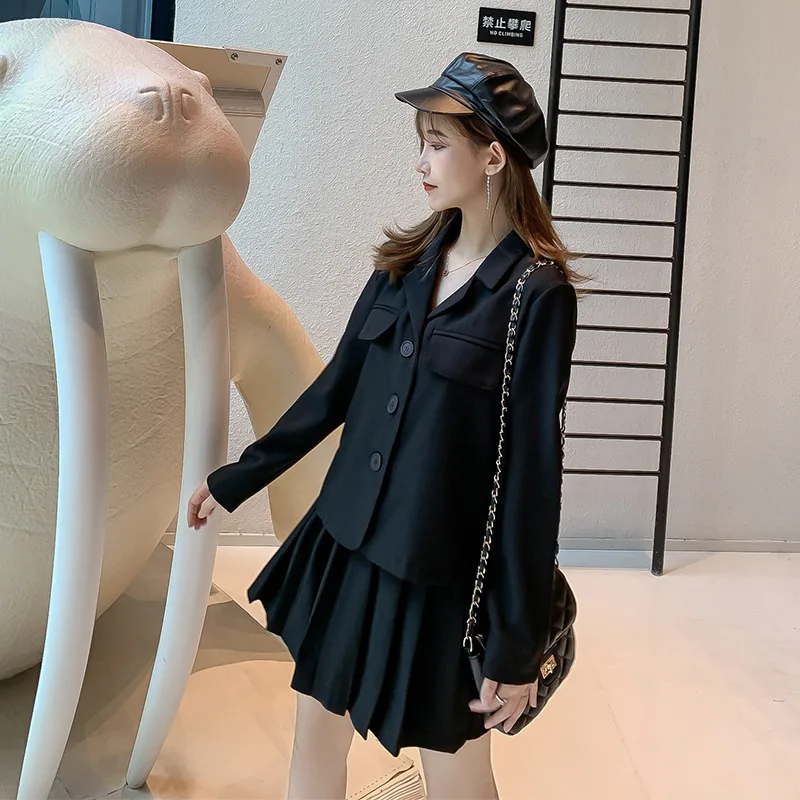

WOMEN'S Suit Autumn Korean-style New Style Solid Color High-waisted Pleated Skirt + Thin Suit Two-Piece Set F7696
