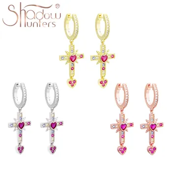 

SHADOWHUNTERS Real 925 Silver Dream Cross and Pink Heart Drop Earrings Colourful Zircon CZ High Quality For Party Young Girls