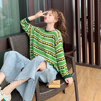 

2019 Korean O Neck Women Sweater Fashion Heart Printed Striped Jumper Sweaters Female Autumn Long Sleeve Casual Knit Pullovers