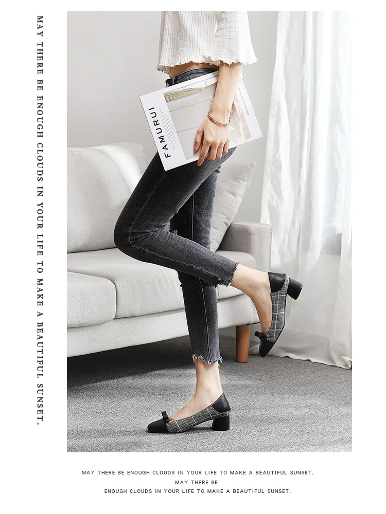 Classic Houndstooth Square High Heels Shoes Woman Women Slip Ons Square Toe Bowtie Elegant Casual Wedding Office Lady Shoes