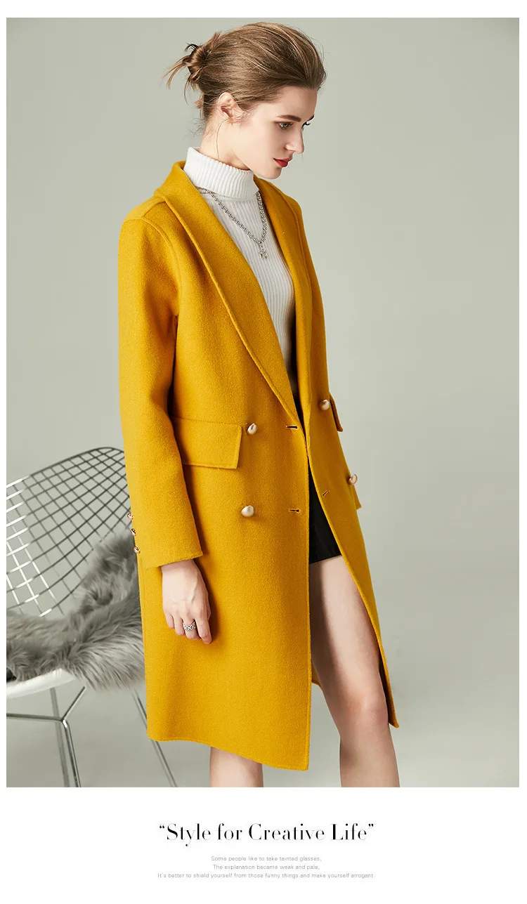 Женское Новое Стильное длинное тонкое шерстяное пальто, женское двухстороннее высококачественное кашемировое пальто ручной работы в европейском и американском стиле