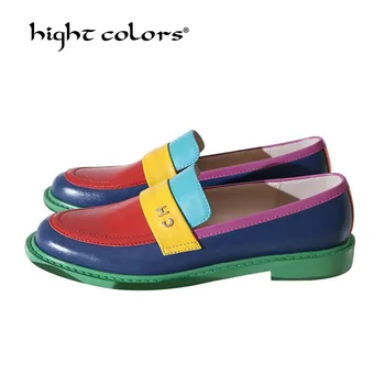 

(34~40) New 2020 Spring Women Rainbow Flats Casual Shoes Genuine Leather Slip on Loafers Ladies Soft Moccasins Red Black RV-118