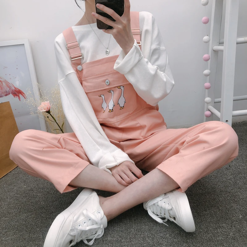 Женские комбинезоны Kawaii С мультяшным принтом, розовые, милые, свободные, длина по щиколотку, простые, студенческие, с карманами, повседневные, женские комбинезоны, шикарные